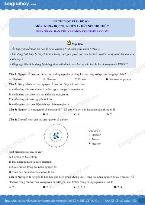 Đề thi học kì 1 KHTN 7 Kết nối tri thức - Đề số 1